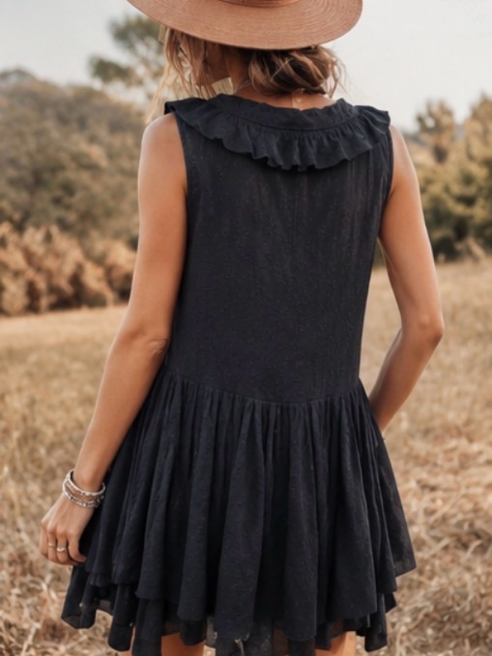 Myrine & Me Embroidered Ruffle Collar Tiered Boho Mini Dress Tunic Sleeveless - Picture 2 of 3